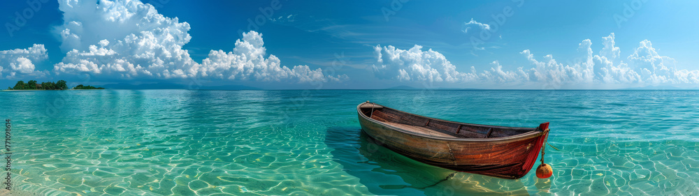 A lone traditional wooden boat floating on serene shallow sea waters under a cloudy sky
