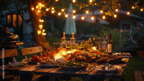 An array of delicious BBQ dishes laid out on a rustic table, complete with fairy lights and a cozy backdrop