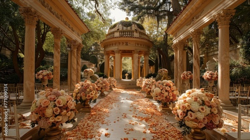 Rustic wedding venue with floral archway and scenic backdrop, Concept of romance, marriage, and picturesque celebrations
