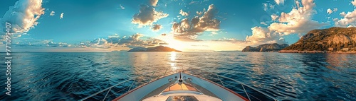A wide-angle shot capturing the front of a yacht during the summertime, epitomizing luxury and leisure, close-up