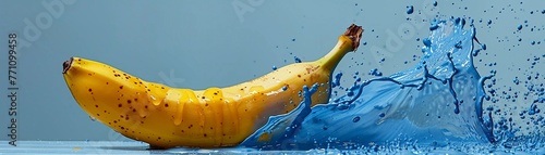 Energetic Yellow Banana Splashing into Blue Paint, Dynamic and Playful Food Art
