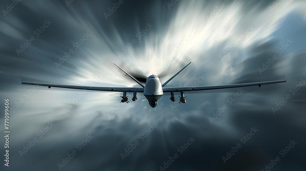 Fototapeta premium MQ-9 Reaper drone flying fast through the clouds, military technology concept