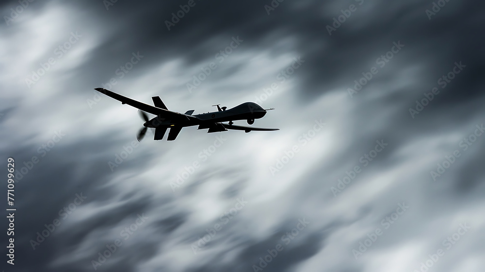MQ-9 Reaper drone flying fast through the clouds, military technology concept MQ-9 Reaper drone flying fast through the clouds, military technology concept