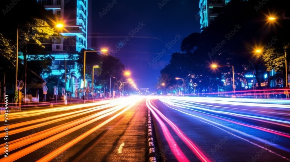 The light trails on the modern building background in city The light trails on the modern building background in city