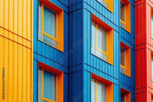 a brightly colored building with blue and yellow windows