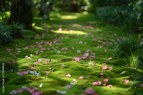 A field of pink flowers with green grass and a path through it