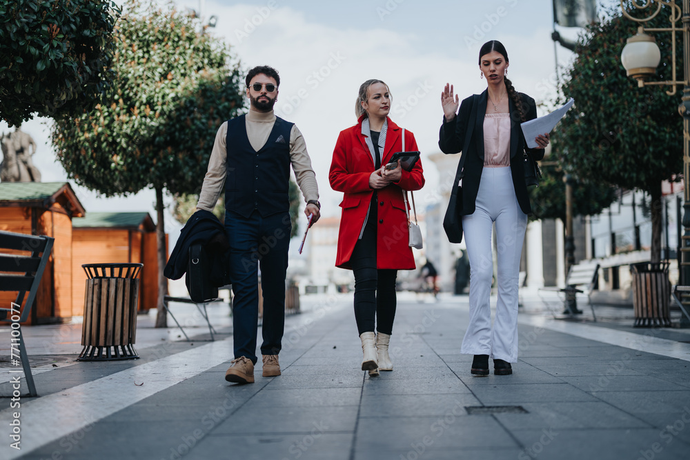 Dynamic young business colleagues engaged in a discussion walking through the city, strategizing for market success. Dynamic young business colleagues engaged in a discussion walking through the city, strategizing for market success.