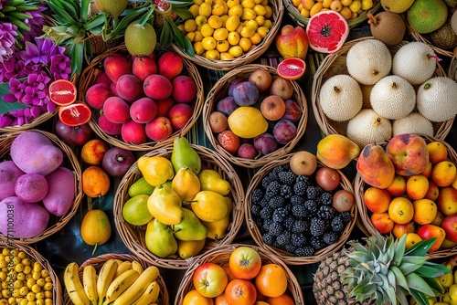 Fototapeta Naklejka Na Ścianę i Meble -  A variety of fruits are displayed in baskets, including oranges, apples, and pears. The baskets are arranged in a way that highlights the different colors and textures of the fruits