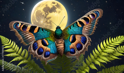 peacock moth on a fern against the background of a starry sky with a full moon