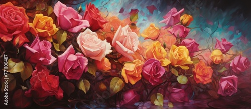 A beautiful piece of art portraying a bouquet of vibrant roses in shades of pink and magenta against a dark background, showcasing the beauty of flowers from the Rose family © AkuAku