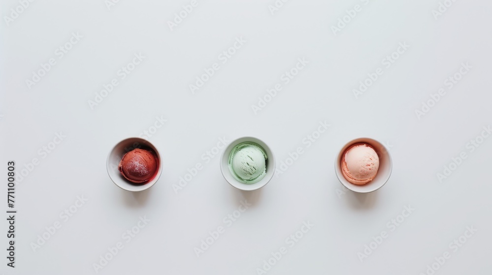 photo Three small bowls of different flavored ice creams (strawberry, chocolate, and mint) lined up against a clean, white background. The arrangement and the uniformity of the bowls create a photo Three small bowls of different flavored ice creams (strawberry, chocolate, and mint) lined up against a clean, white background. The arrangement and the uniformity of the bowls create a