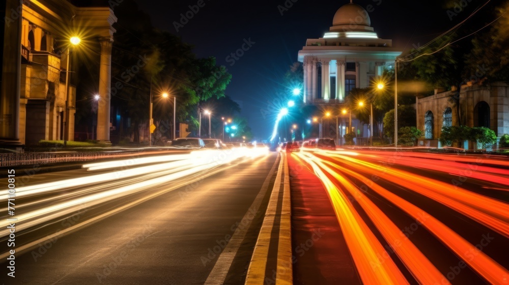 The light trails on the modern building background in city