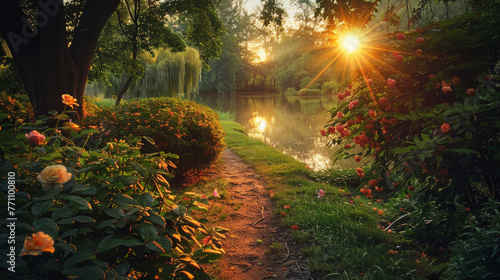 A tranquil sunset casting golden light on pathway through lush garden near reflective pond