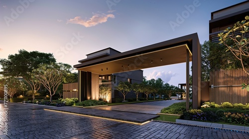 A main gate design with a cantilevered structure, creating a sense of weightlessness and architectural intrigue that adds a touch of drama to the entrance of the modern house in