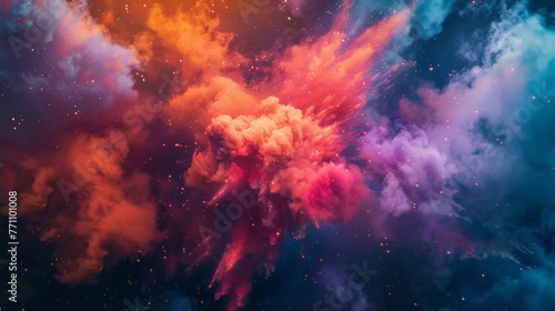 A fiery explosion of bright neon hues in a cloud of smoke