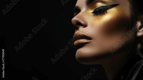 Dramatic profile of a woman with bold black and gold makeup, Concept of avant-garde fashion and striking beauty
