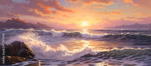 A painting capturing the afterglow of a sunset over the ocean, with waves crashing on rocks. The sky filled with cumulus clouds and the water reflecting the colorful dusk atmosphere