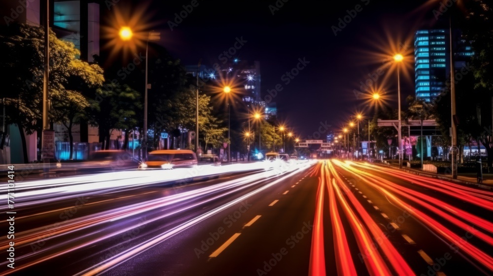 The light trails on the modern building background in city