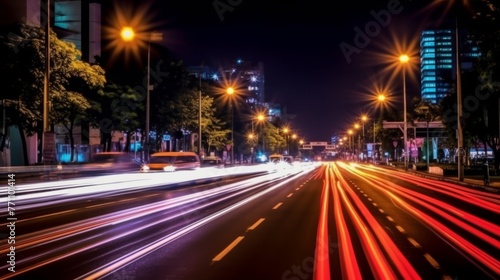 The light trails on the modern building background in city © artisttop