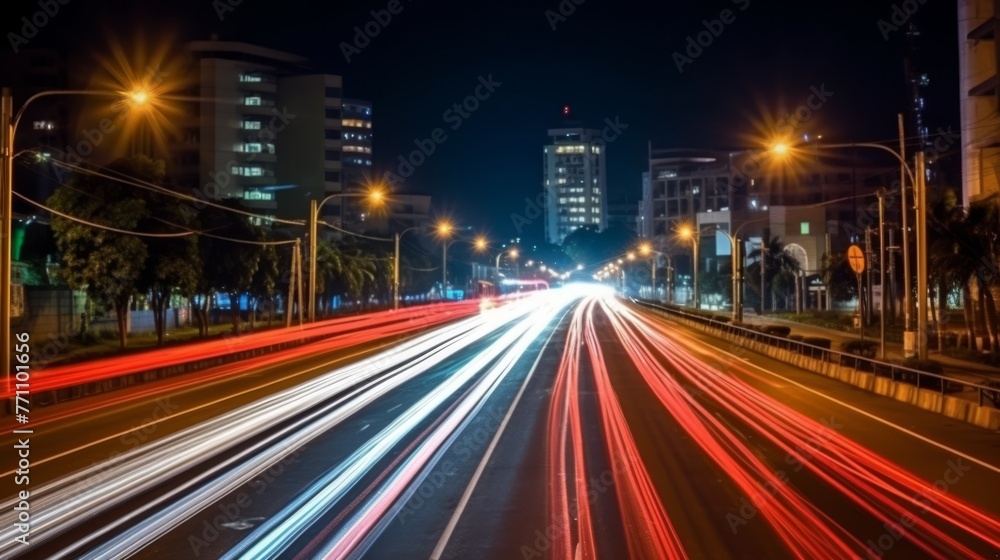 The light trails on the modern building background in city The light trails on the modern building background in city