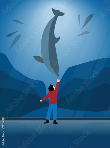 Illustration of a kid communicating with a dolphin in the aquarium garden