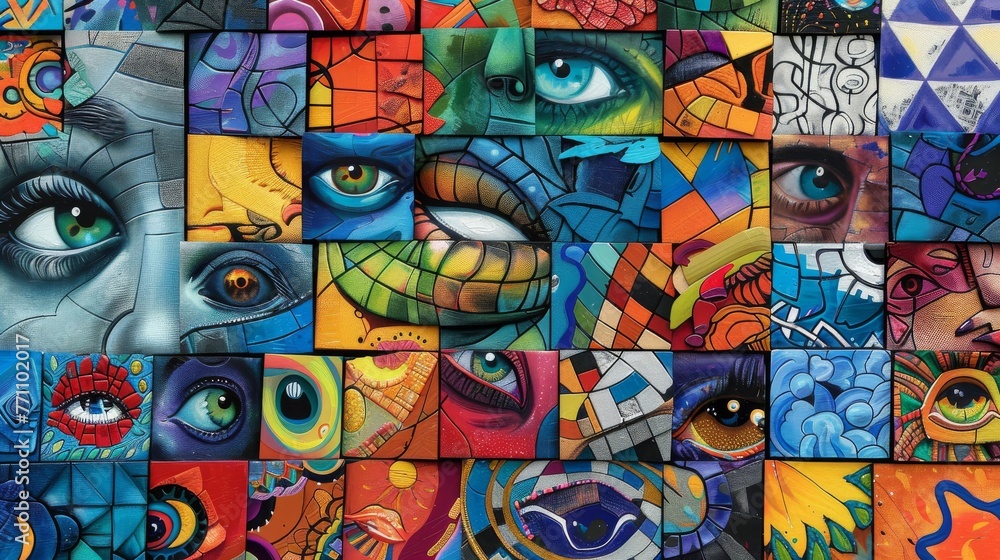 Obraz premium Close-up of a vibrant and eclectic collage, showcasing artistic and creative designs for wallpaper.