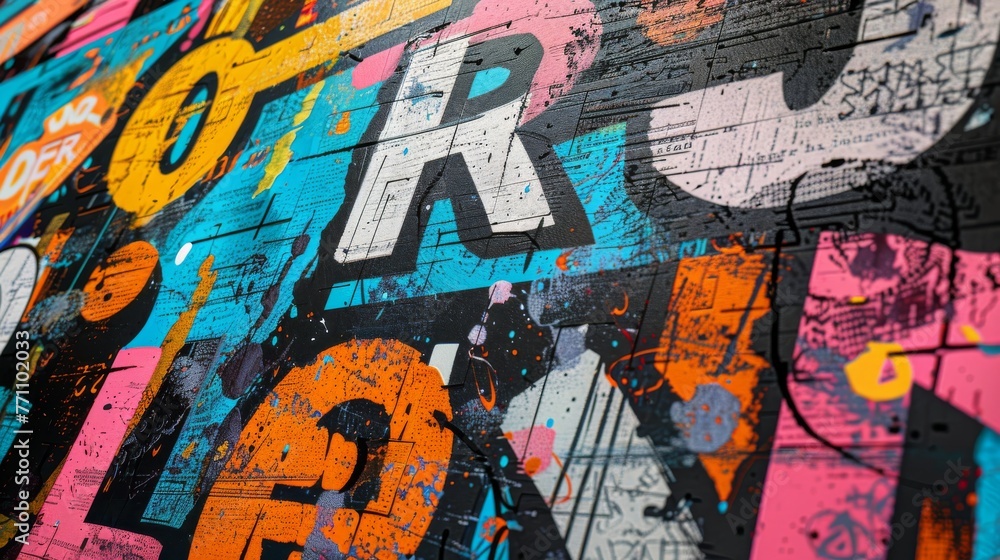 Close-up of a vibrant wallpaper design featuring artistic typography and lettering, adding creative flair to any space.