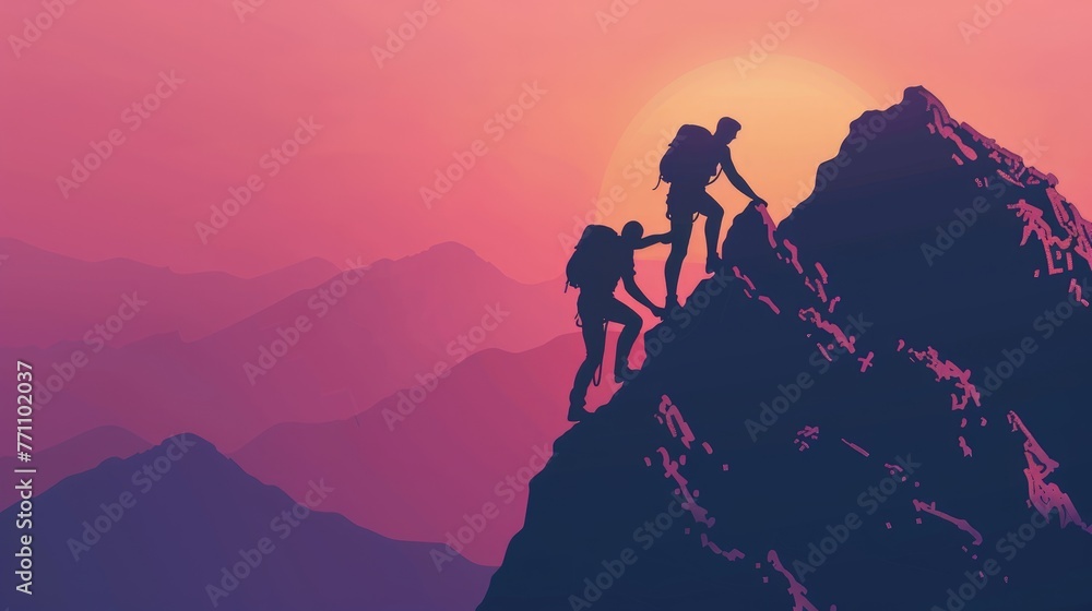 Climbers reaching the summit at sunset, Concept of teamwork, achievement, and adventure
