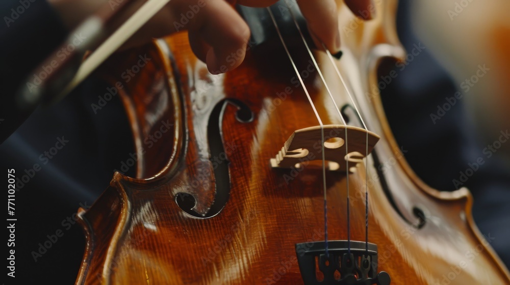 Fototapeta premium Precise close-up of a violinist's hand adjusting tuning pegs, ensuring pitch-perfect performance with essential music accessories.