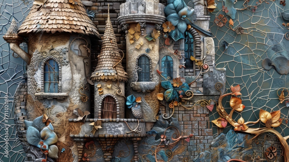 Close-up of a whimsical fairy-tale castle in an artistic and creative wallpaper design, evoking a sense of wonder.