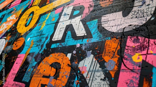 Close-up of a vibrant wallpaper design featuring artistic typography and lettering  adding creative flair to any space.