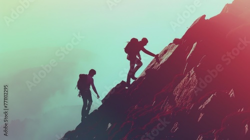 Climbers reaching the summit at sunset, Concept of teamwork, achievement, and adventure 