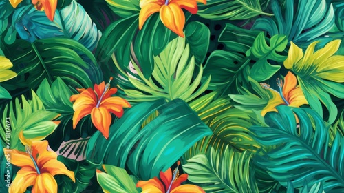 Creative tropical green leaves layout, background. Nature spring concept. Flat lay