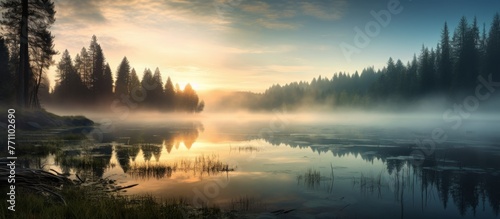 A serene natural landscape with a foggy lake reflecting the colors of the sunset sky, surrounded by trees creating a mystical atmosphere at dusk