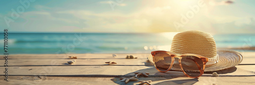 An inviting image of a beach ready sun hat against a perfect sea backdrop, exudes relaxation photo