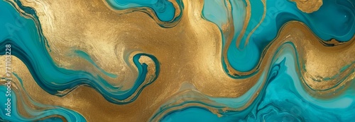 Elegant texture of ocean blue and stained marble. Luxurious gold and blue marble pattern, oil paint, alcohol ink style. Background and wallpaper concept. top view