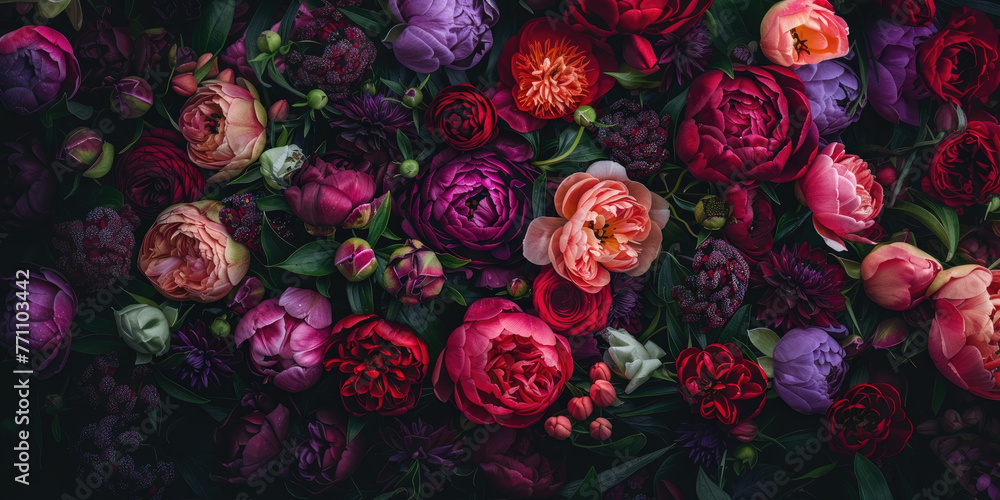 Floral background with red,pink, violet dark flowers.