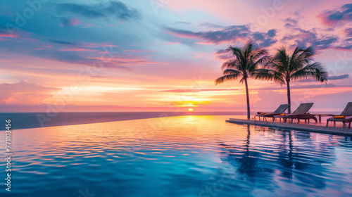 A serene sunset picture from an infinity pool overlooking the ocean with two palm trees and deck chairs