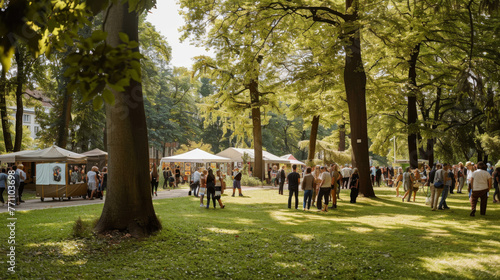 Sunlit avenue featuring stalls and visitors at a summer craft fair in a park, showcasing creativity and recreation