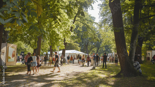 A tranquil art market nestled under tree canopy with attendees leisurely exploring various exhibits