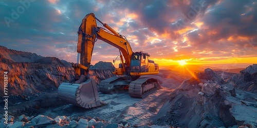 Excavator at sunset in open pit mine with earthmoving equipment at construction site. Concept Excavator, Sunset, Open Pit Mine, Earthmoving Equipment, Construction Site