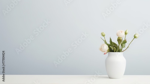 White ceramic vase with one eustoma bush on a minimalist white table no text, no inscriptions, no advertising, ::3 --ar 16:9 --quality 0.5 --stylize 0 --v 5.2 Job ID: 0aa77a11-8f8a-4599-a814 photo