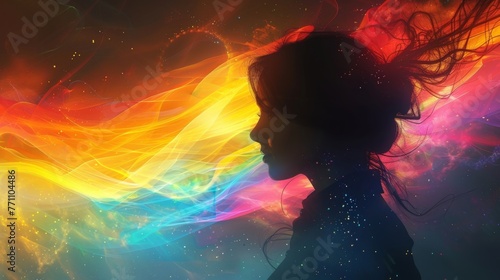 A digital art piece featuring a silhouette of a person with rainbowhued geometric patterns emanating from their chakras creating a beautiful and dynamic energy field.