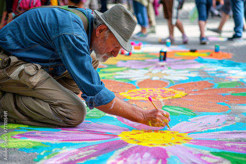 An artist in a hat meticulously creates vibrant street art, infusing color into the urban landscape
