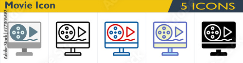 Movie icon with 5 styles (outline, color lineal, color outline, solid and color)
