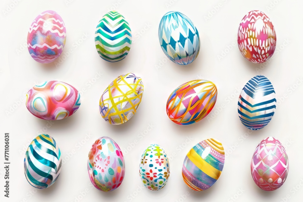 Vibrant illustrations of decorated Easter Eggs in various patterns and designs, Vibrant illustrations of decorated Easter Eggs in various patterns and designs,