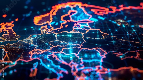 Map of Europe displayed with vibrant, colorful lights highlighting different countries and boundaries on the map.