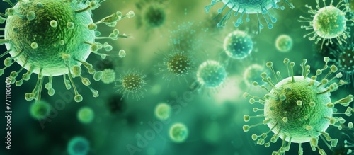 An artistic computer generated image of a group of green viruses resembling terrestrial plants. The pattern is electric blue on a liquid aqua background  giving the impression of grass closeup