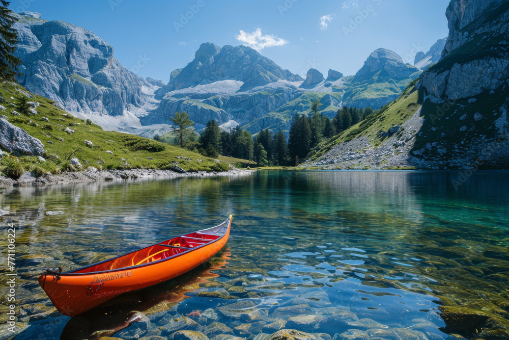 Pristine alpine waters with a solitary orange canoe and a captivating view of snow-capped mountains in bright sunlight Pristine alpine waters with a solitary orange canoe and a captivating view of snow-capped mountains in bright sunlight