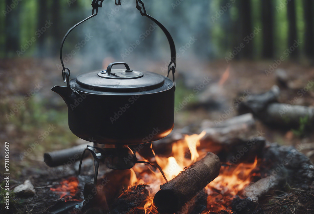 Kettle on a bonfire in the forest Preparing food on campfire in wild camping Kettle on a bonfire in the forest Preparing food on campfire in wild camping